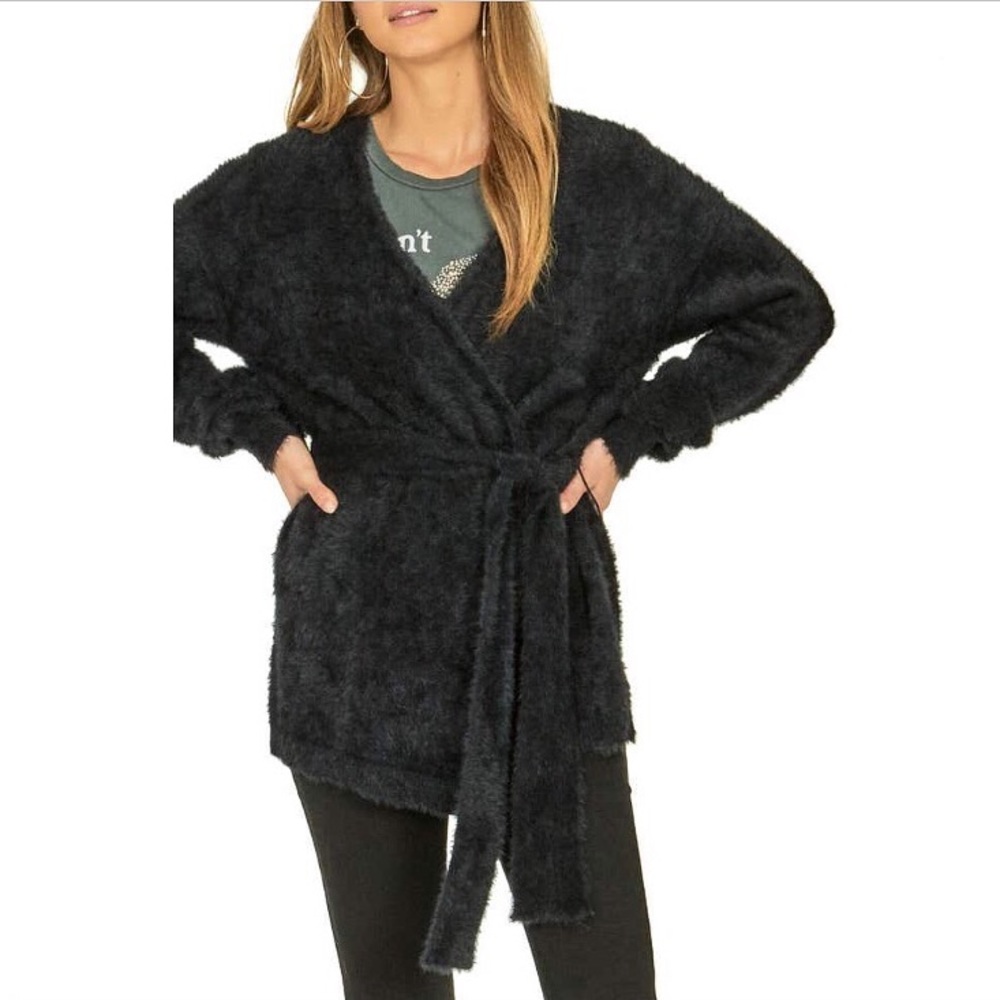 NWT Amuse Society Fuzzy Black Belted Sweater